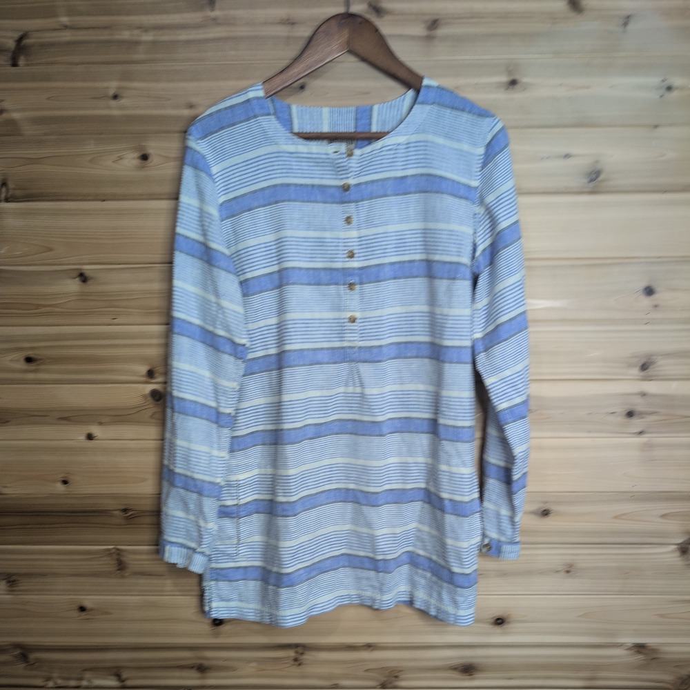 Duluth Trading Co Hemp Cotton Striped Henley Tunic Top Blue White Large 74508